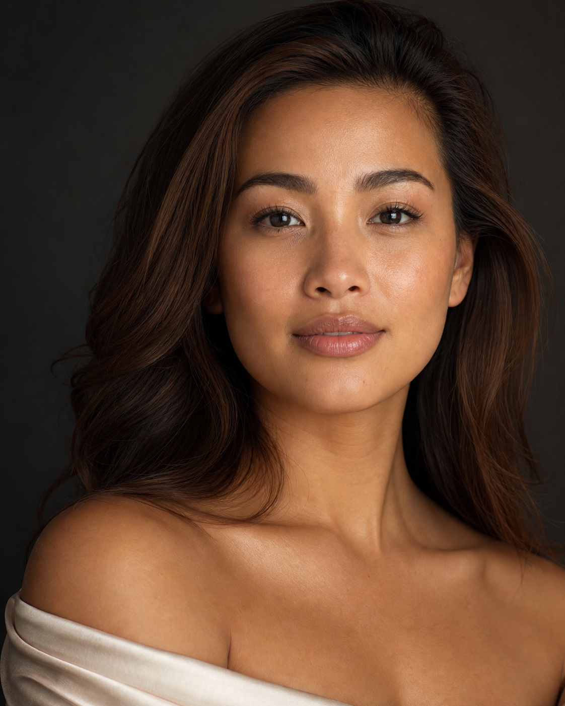 Editorial portrait of a Filipina woman with softly defined brows against a charcoal background